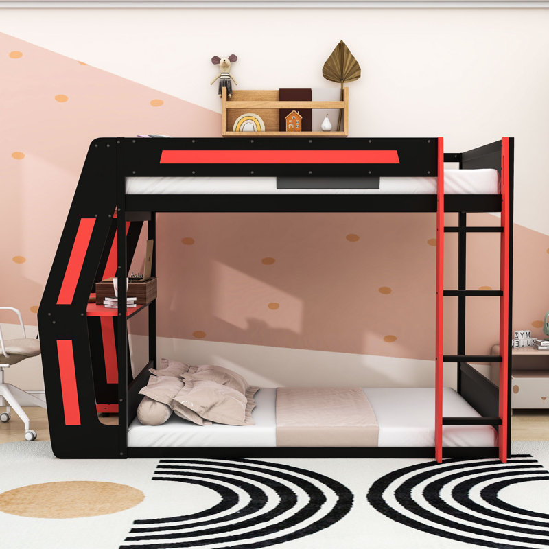 Lit superposé double / double avec bureau et tablettes intégrés, Rouge