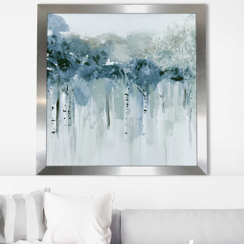 «Blue Birch Morning II» par Susan Jill - Peinture, Encadrement argenté, H 25,5 po x l 25,5 po x P 1 po