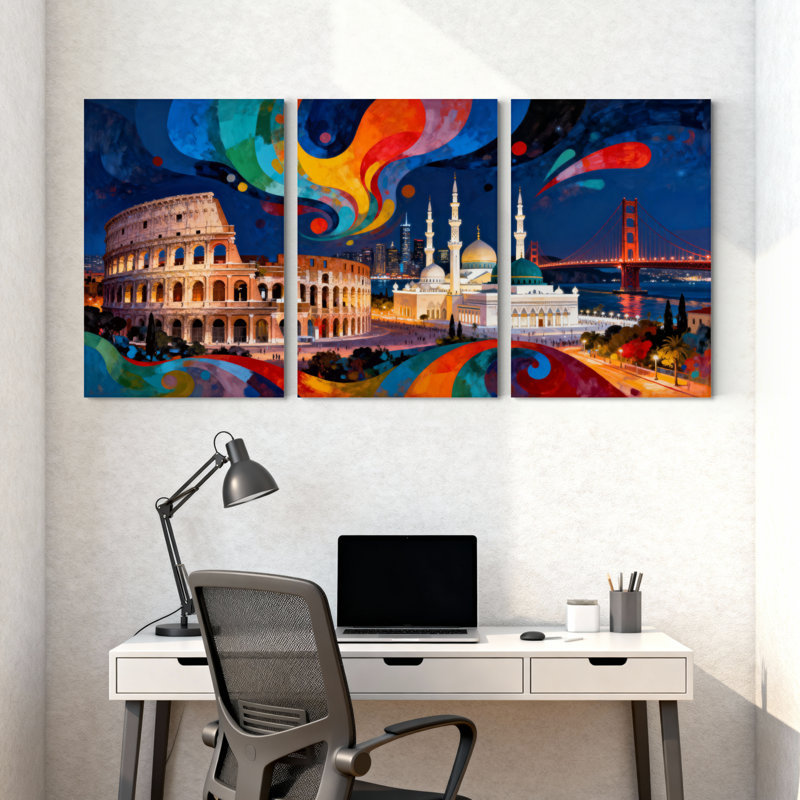 Cités et pays, ensemble de 3 reproductions d'art sur toile, H 18 po x l 36 po