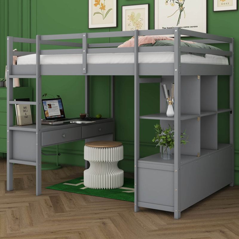 Lit mezzanine double avec bureau intégré, deux tiroirs et tablettes de rangement pour les adolescents, aucun sommier nécessaire