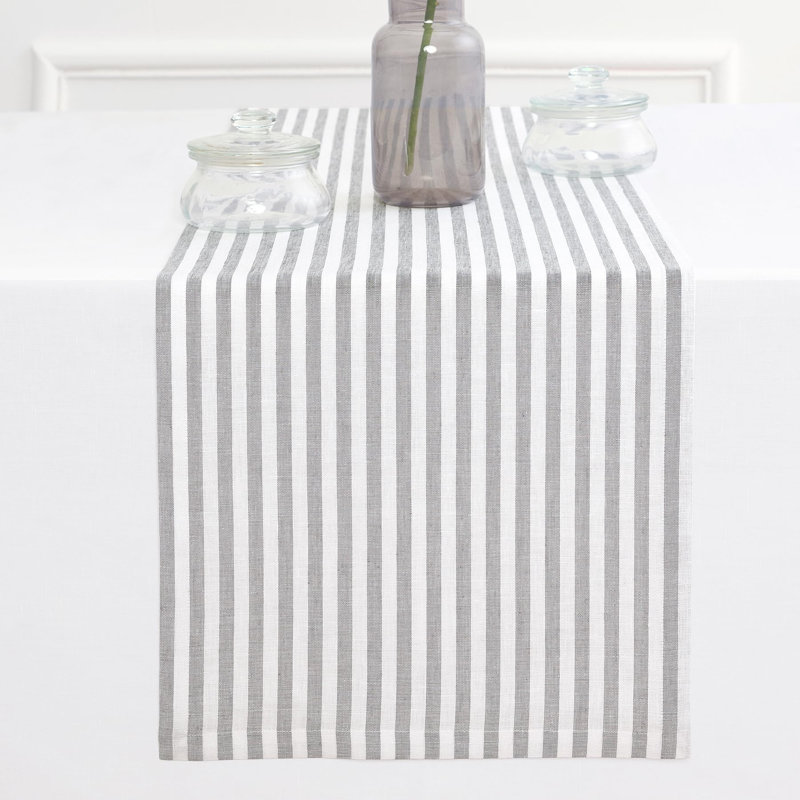 Amalfi Stripe - 100% Pure Linen Table Runner, 60" x 14", Gray/White