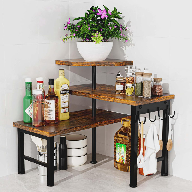 Organisateur de comptoir de cuisine, étagère de coin de cuisine à 3 niveaux avec crochet, organisateur de comptoir pour salle de bain, étagère à épices, bibliothèque, espace café, table de commode (brun)