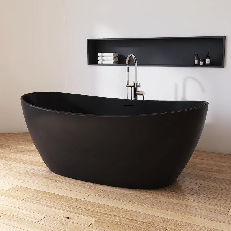65" x 34" Freestanding Tub Solid Surface Stone Resin Soaking Bathtub, Matte Black