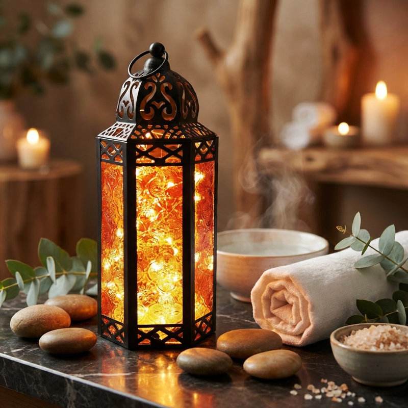 Decorative Moroccan Candle Lantern with LED Fairy Lights, Black/Amber, 10" H x 4.4" W x 3.8" D