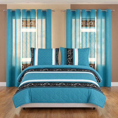 Queen Size 9-Piece Teal & Black Swirl Pattern Bedding & Curtain Set (Queen) - Quilted Microfiber Bedspread + Sheer Drapes