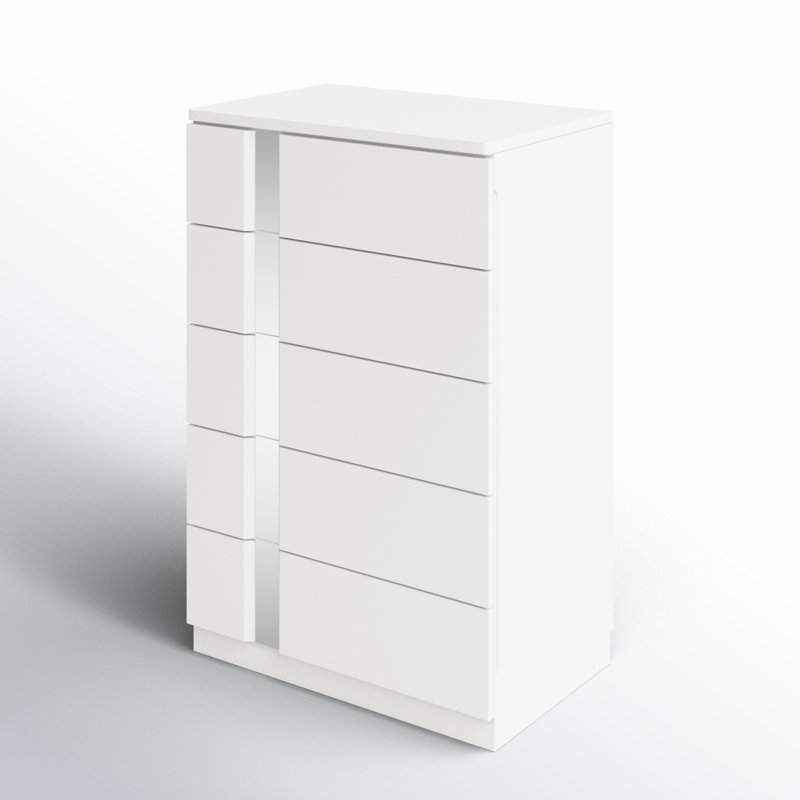 Commode 5 tiroirs Augie, Laque blanche, miroir
