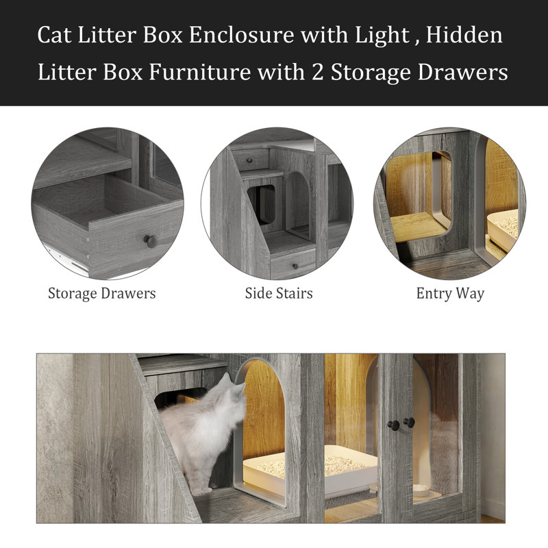 Enceinte de litière pour chat avec lumière, meuble de litière caché avec 2 tiroirs de rangement, table d'appoint pour chat pour le salon