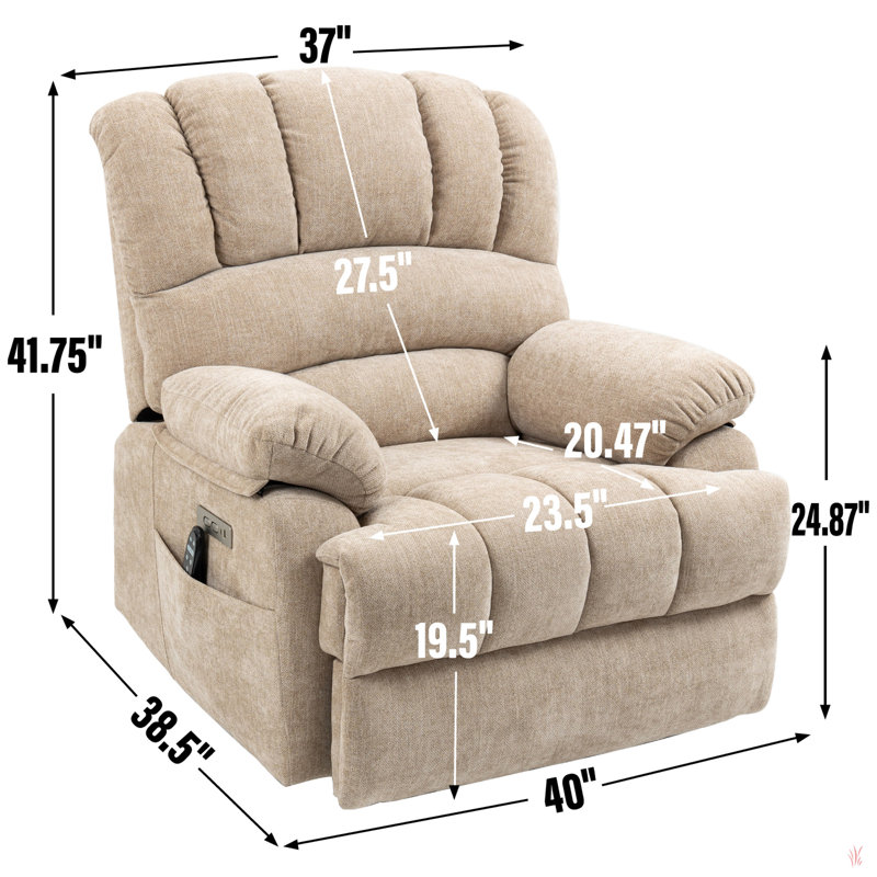 23" Seat Width And High Back Large Size Chenille Power Lift Recliner Chair With 8-Point Vibration Massage And Lumbar Heating