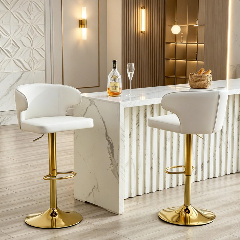 Modern Swivel Height Adjustable Bar Stools, Oil Wax Belt Backrest Chairs, PU, Gold+White, 2