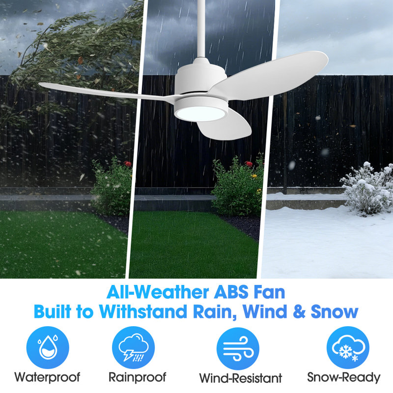 42inch 3 ABS Blades Indoor and Outdoor Ceiling Fan with Integrated LED and Remote Downrod,White, White, 42", White