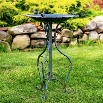 28.75" Tall Ornate Round Iron Birbath with 3 Small Birds "Stephania"