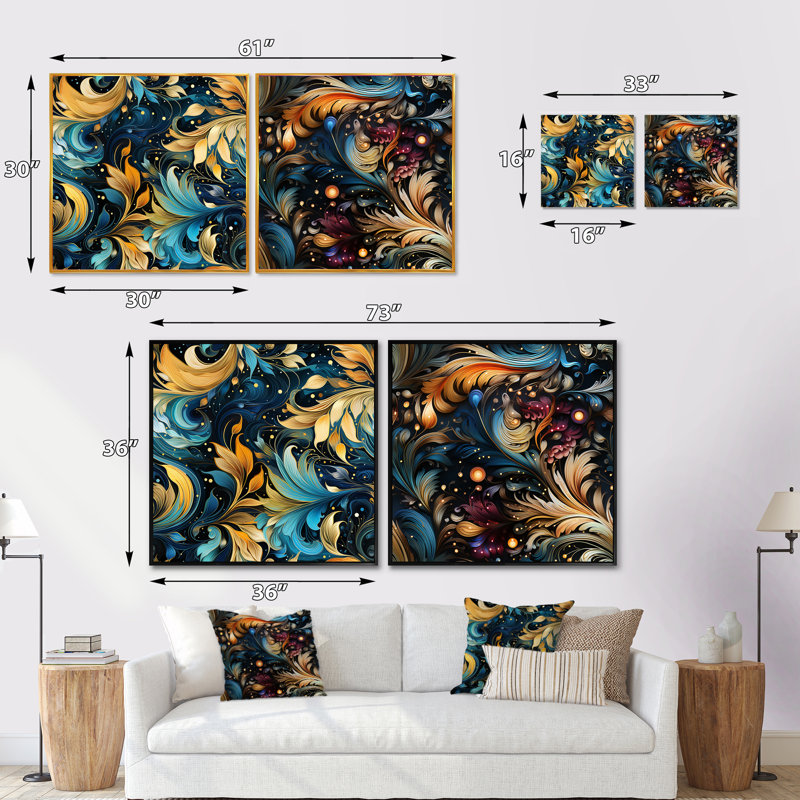 Nedmond - Ensemble de 2 collages floraux et botaniques carrés, Cadre flottant doré, H 16 po x l 33 po