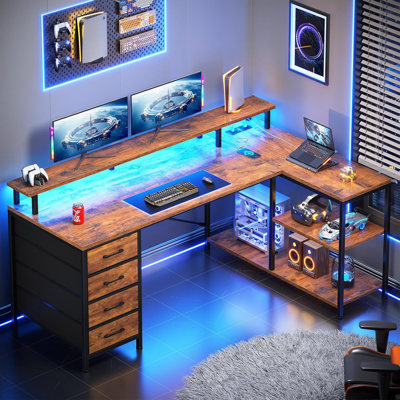 L Shaped Desk With 4 Drawers And Storage Shelves, L Shaped Gaming Desk With Led Lights & Power Outlets, Computer Desk With Shelves & Drawer, Corner Desk Home Office Desk