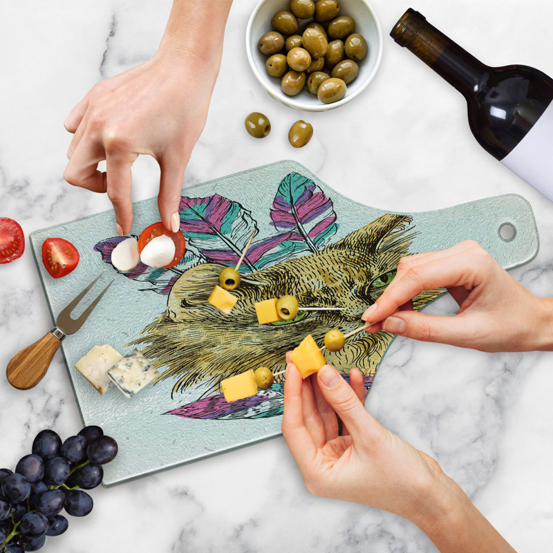 Ambesonne Cat Tempered Glass Cutting Board Cat with Colourful Feathers Multicolor