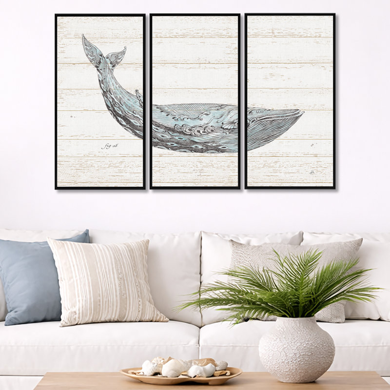 Aquarelle de baleine bleue - ensemble d'art mural encadré nautique et côtier sur 3, H 28 po x l 36 po, Noir