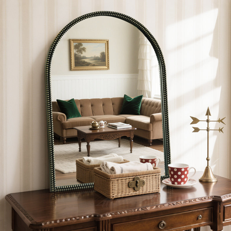 Miroir antique avec cadre en métal - Miroir mural arqué, Noir, 30 po x 22 po
