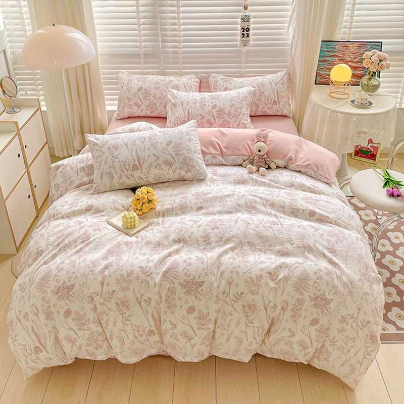 Housse de couette, literie à motif de feuilles florales blanches et roses, Housse de couette pour très grand lit et 2 taies 