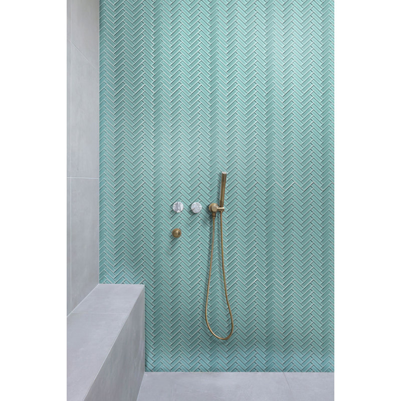 11"X 12.6" Herringbone Polished Glass Mosaic Tile, Light Blue