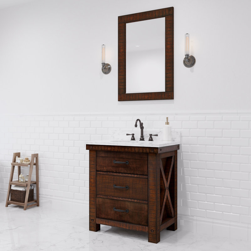 Aberdeen 30 In. Single Sink Blue Limestone Countertop Vanity In Rustic Sienna With Mirror, Carrara White, Rostic Sienna