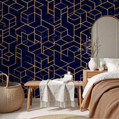 Peel and Stick Wallpaper Geometric Cubes Gold Lines Navy Blue Futuristic Wall Murals 69"H x 96"W Removable PVC Wall Paper Self-Adhesive Wall Decor for Bedroom Living Room Home Office