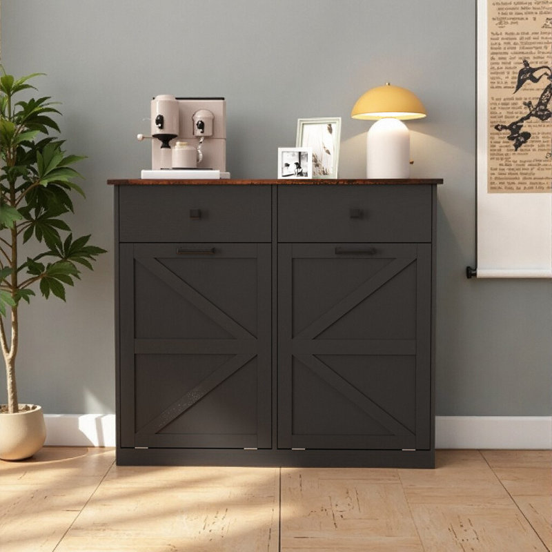 Farmhouse Trash Can Buffet Cabinet - Space-Saving Dual Bin Storage with Barn Doors, Black