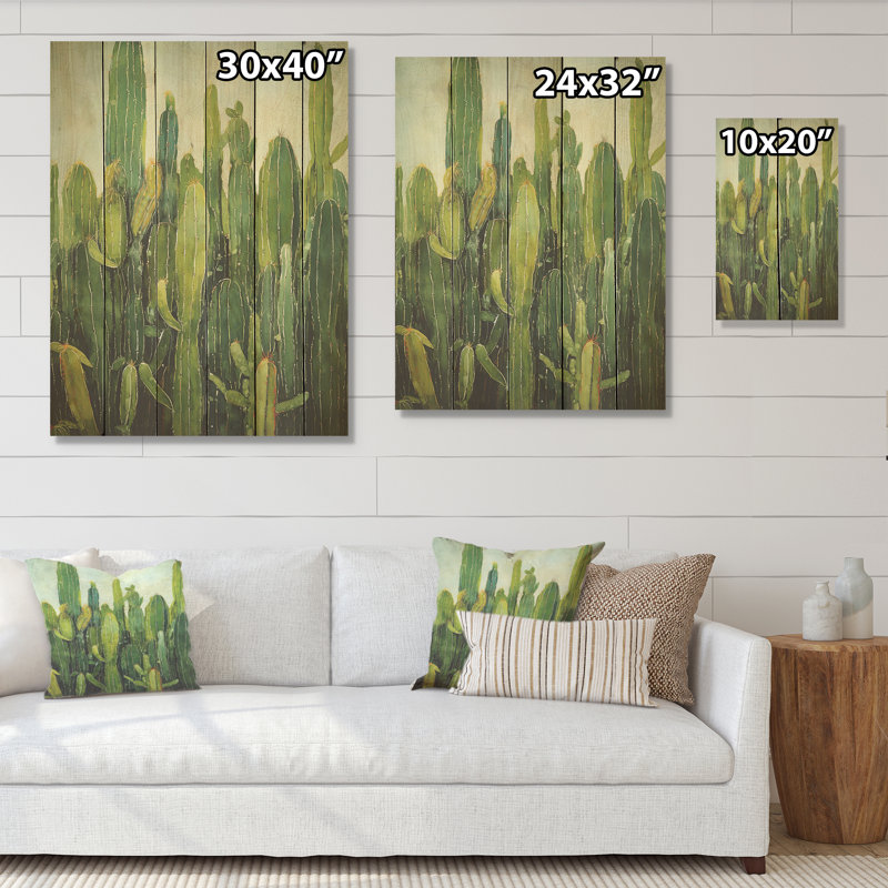Collage de contour vert cactus - Art mural en bois de cactus sur bois de pin naturel, H 32 po x l 24 po