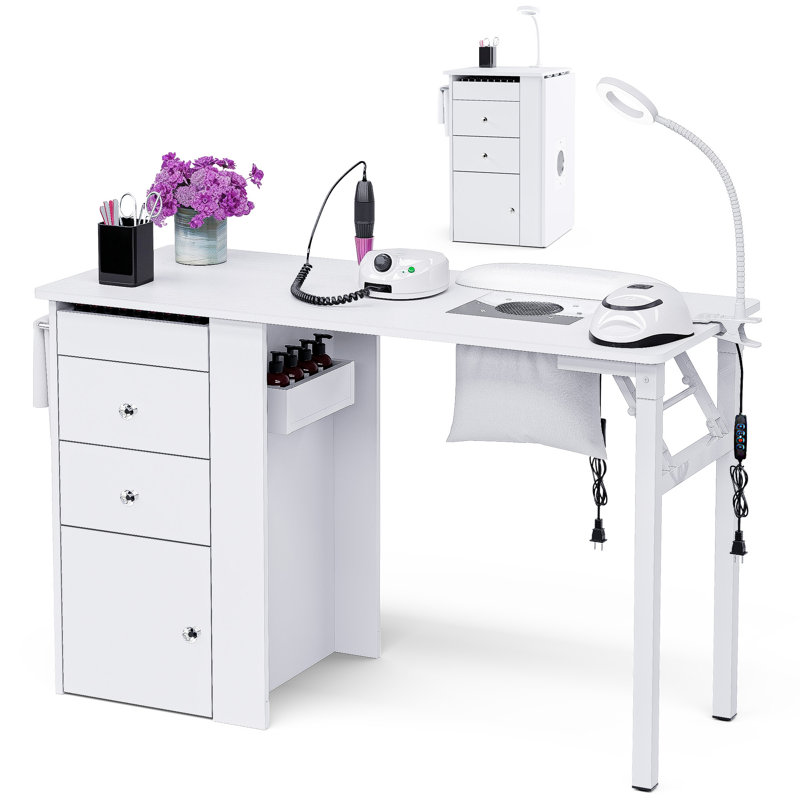 Foldable Manicure Table with Wrist Cushion and Dust Collector Portable Nail Desk Station for Home and Professional Use, White