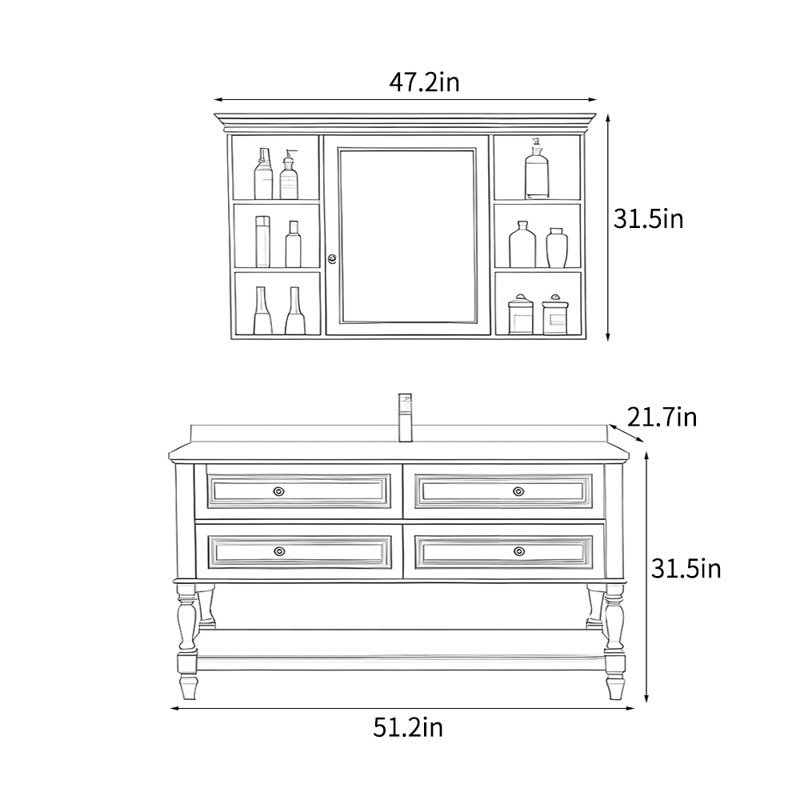 Meuble-lavabo américain rétro., H 31,5 po x l 51,2 po x P 21,7 po
