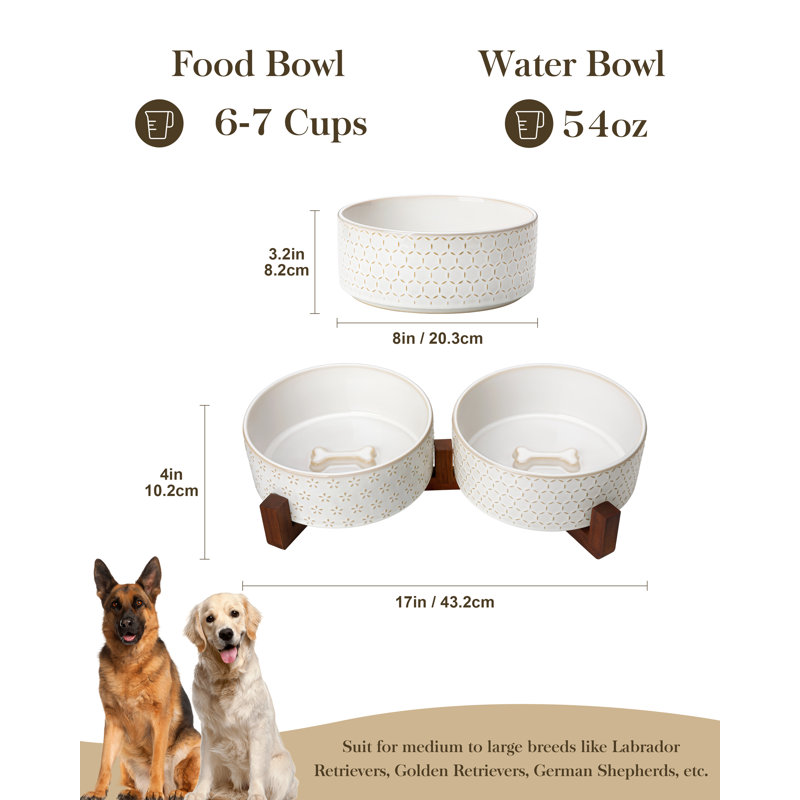 Hexagon & Flower Embossed Pattern Anti-skid Stoneware Elevated Feeder, 1600ml