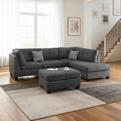 Reversible 3-piece Bonded Leather Sectional With Ottoman & Stud Accents