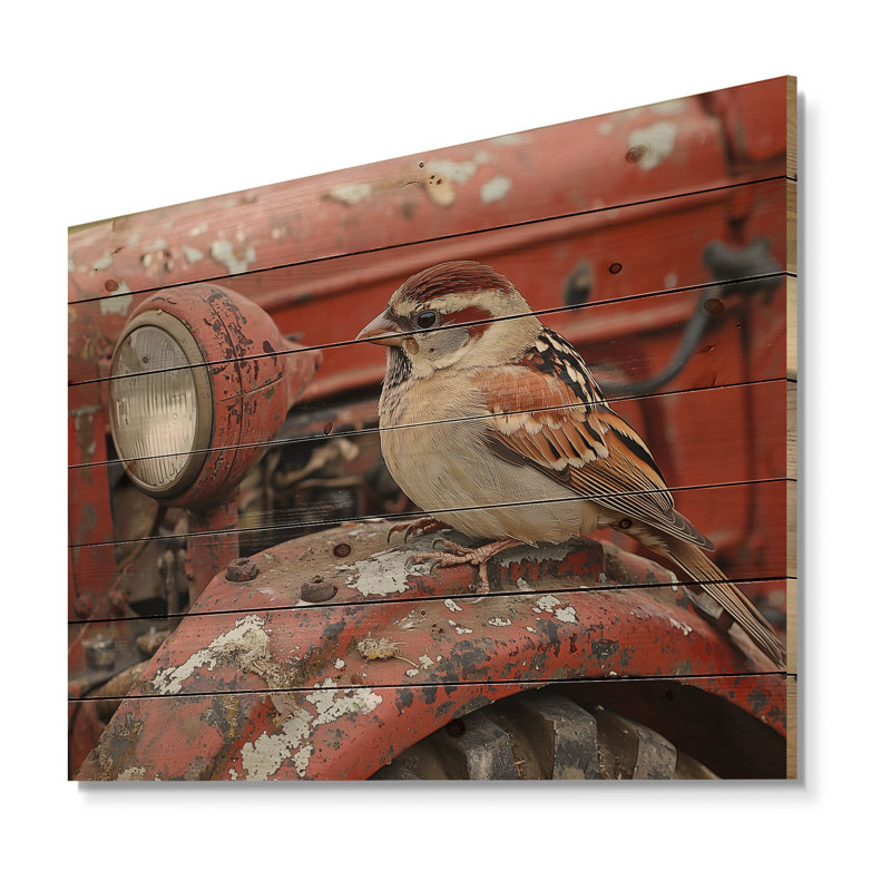 Oiseau moineau sur le tracteur I - Décoration murale oiseau en bois - sur bois de pin naturel, H 24 po x l 32 po x P 0,78 po