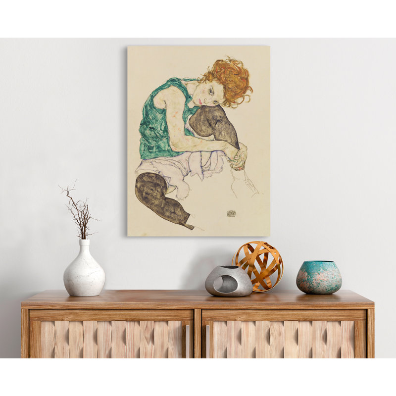 Seated Woman With Bent Knee by Egon Schiele - Wrapped Canvas Painting, 120cm H x 90cm W x 4cm D