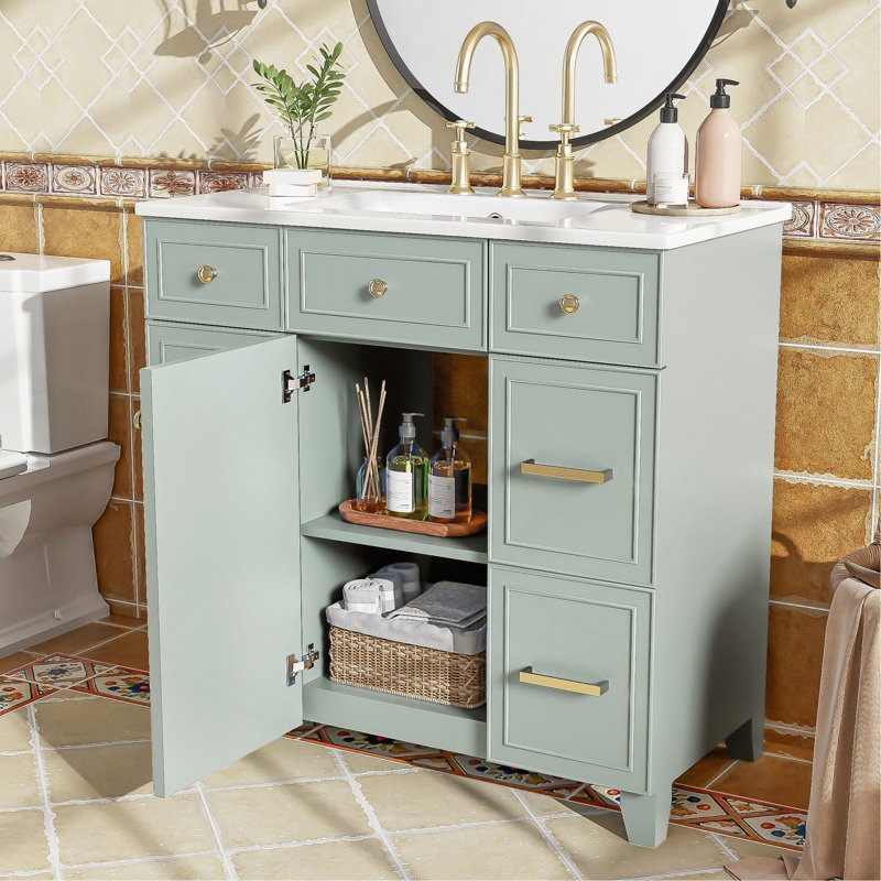 Meuble-lavabo 36 po avec lavabo en céramique, structure en bois massif, portes à fermeture douce, tablettes réglables, 3 tiroirs, y compris un tiroir à double profondeur pour le rangement du sèche-cheveux