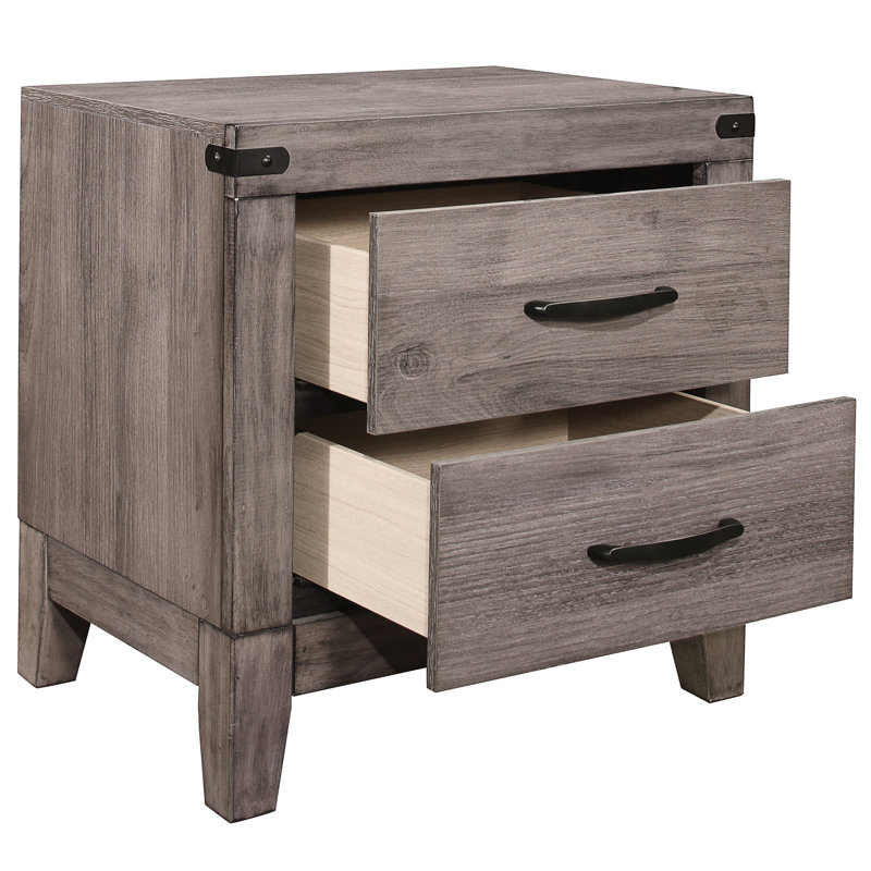 Table de chevet gris brunâtre avec 2 tiroirs - Surface à gratter pour tiroir de chambre à coucher en bois d'ingénierie brun, poignées en stratifié et en métal foncé