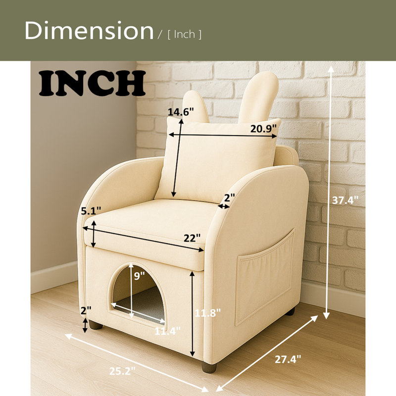 Fauteuil moelleux en velours avec oreilles de lapin et cachette pour chat et chien intégré, Beige