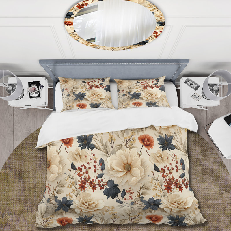 Fleurs de pivoines beiges et bleues antiques - Ensemble de housse de couette floral - Polyester en microfibre