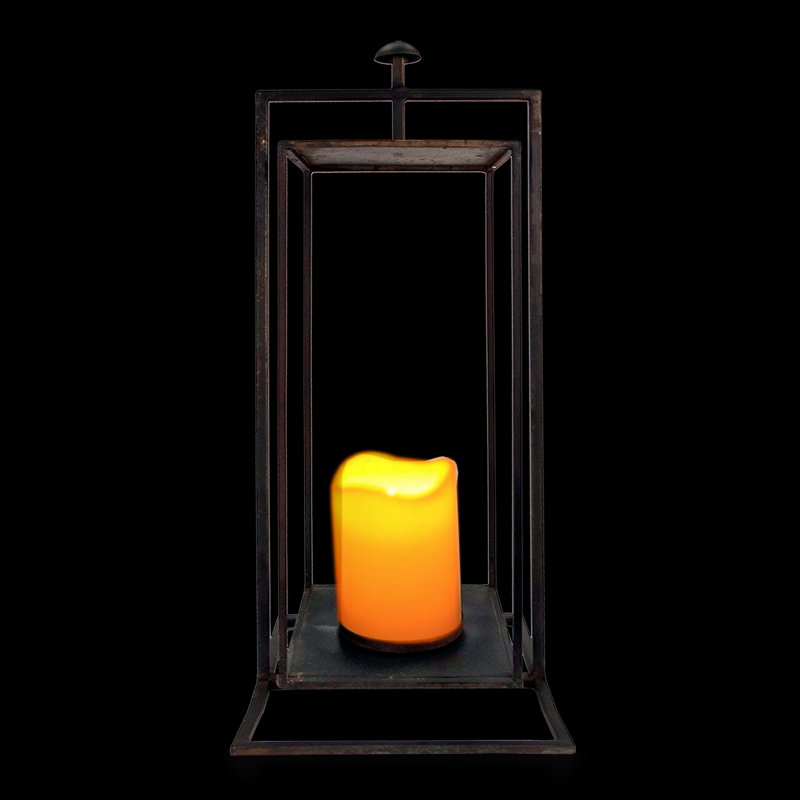 19" Gray Iron Hanging Lantern with Glass Candle Compartment