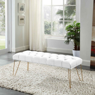 Velvet Button-Tufted Bench with Gold-Capped Legs