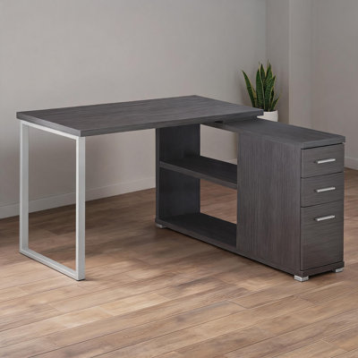 Soft gray particle board l-shaped computer desk with storage drawers, a versatile and contemporary corner workstation