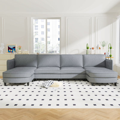 141.5''  Large Size 6 Seater Sofa Couch, U-Shaped Sofas With Movable Ottoman, Arm With Pockets