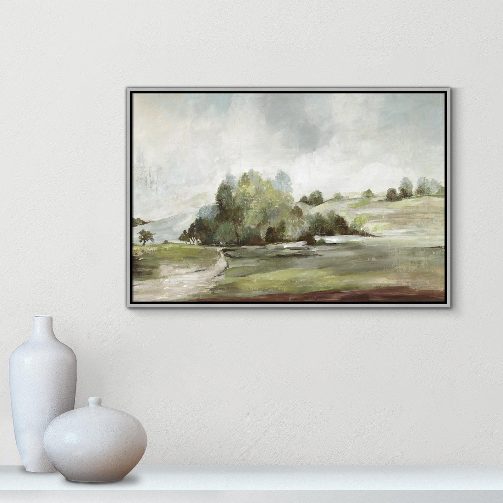 Green Country Road by Allison Pearce - Floater Frame Print on Canvas, 25.5" H x 37.5" W, Silver