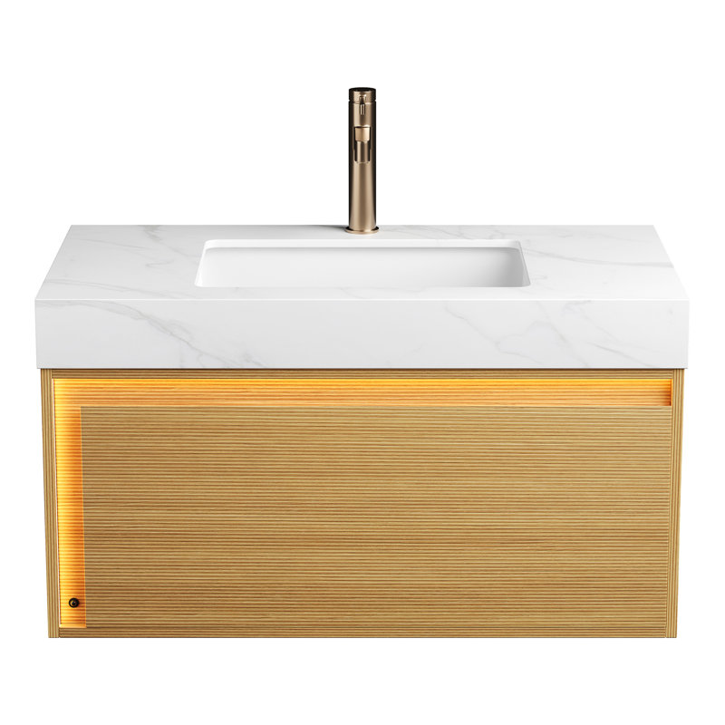 Pierre frittée NYAH 36 po avec lavabo encastré en céramique blanche, sans robinet, sans armoire, blanc de Carrare
