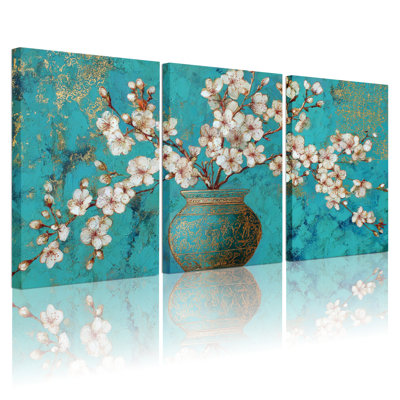 Ensemble de 3 tableaux sur toile tendue à motif floral de fleurs de cerisier avec vase turquoise