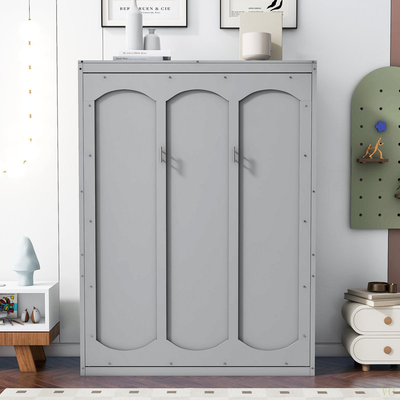 Lit escamotable double pleine grandeur avec tablettes, Gris