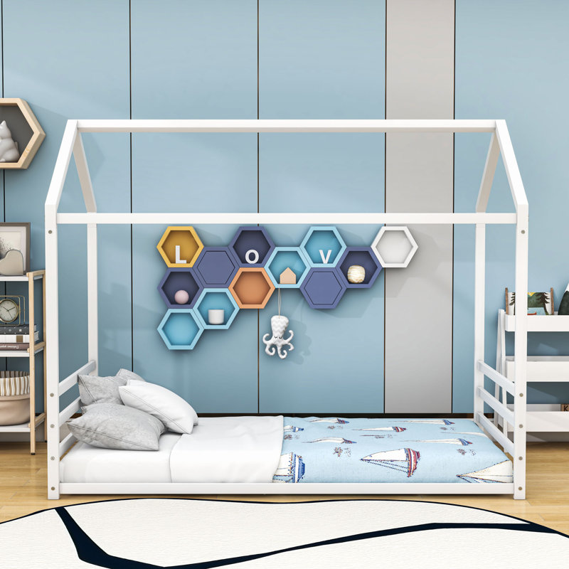 Lit en métal avec garde-corps de sécurité et design Montessori, Simple, Blanc
