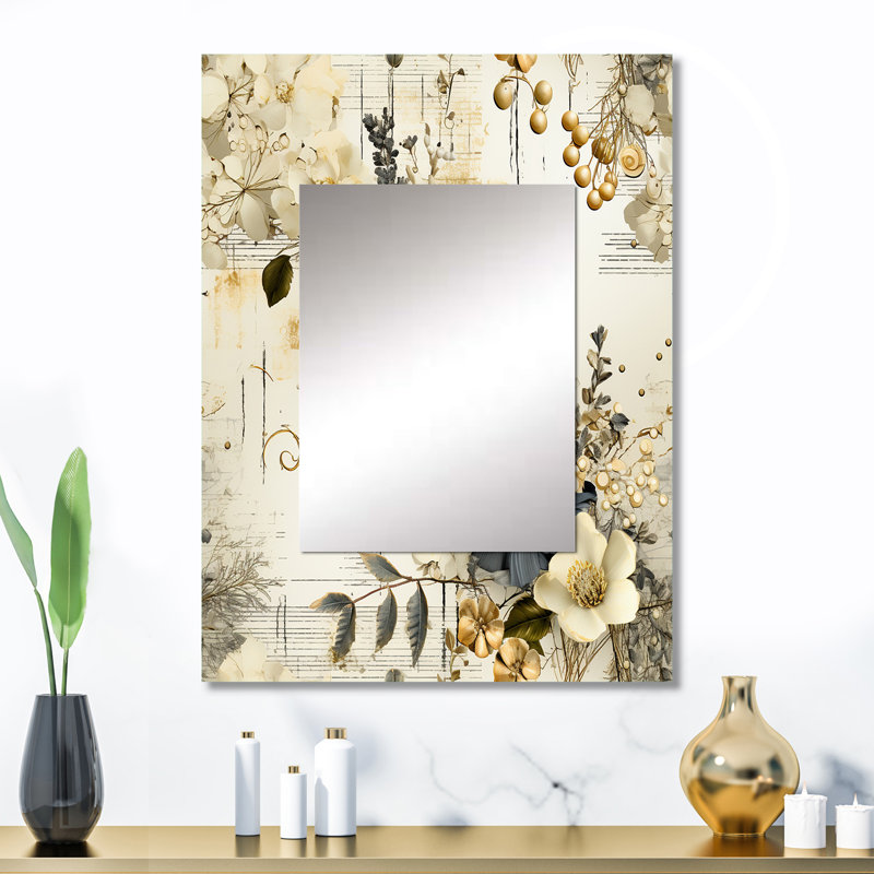 Wolton Grey And Beige Geometric Flowers - boho  Wall Mirror, Boho Decorative Mirror, Printed Metal Art, 32" x 24"