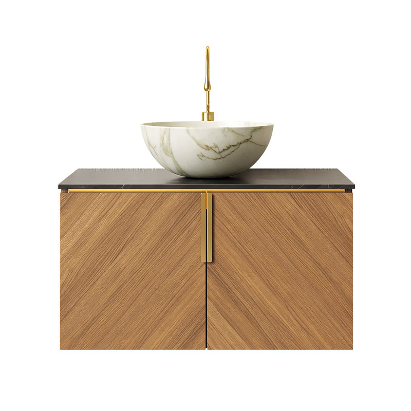 Meuble-lavabo 30 po, armoire de rangement flottante en contreplaqué pour salle de bain avec portes doubles, comptoir en pierre frittée noire et cuve en céramique blanche avec motif de pierre, couleur grain de bois de chêne brun