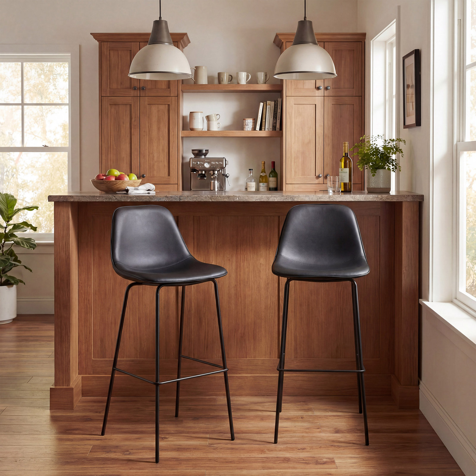 Kavi Bar Stool, Bar Stool (30" Seat Height), Black Faux Leather