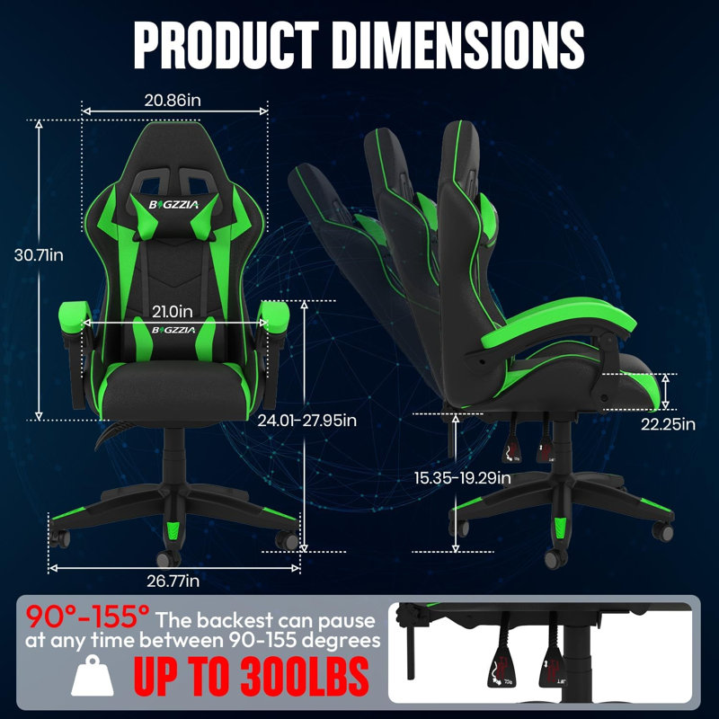 Gaming Chair with Heated Cushion, Black/Green
