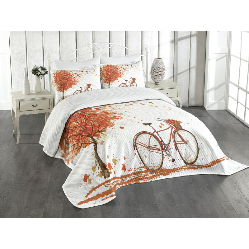 Autumn Bicycle Print White Quilted Queen Bedspread Set